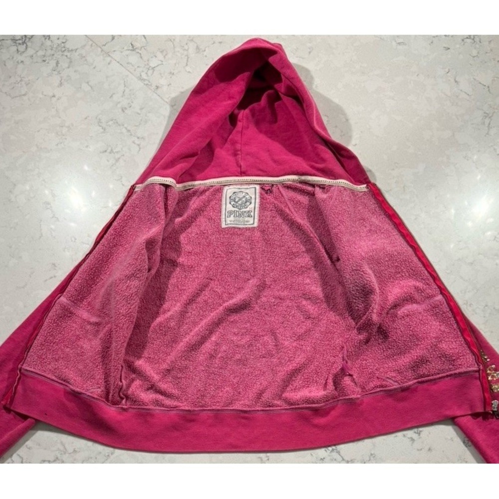 VTG‎ Victoria's Secret PINK Hoodie Womens Medium Rhinestone Bling Peace Sign Y2K - Picture 10 of 14